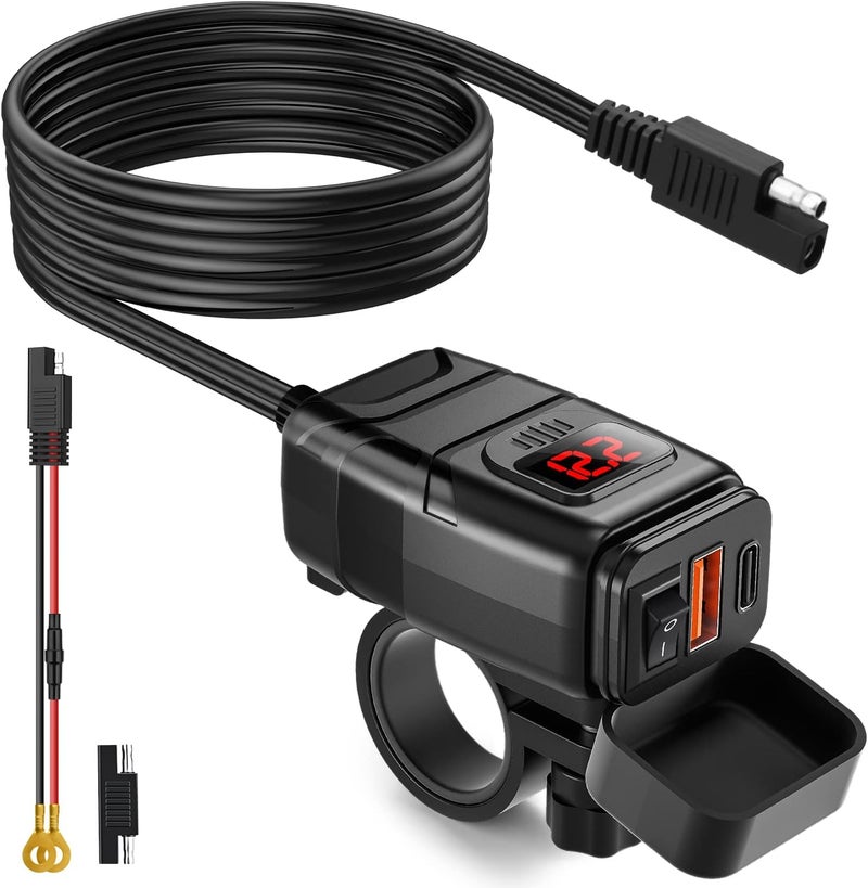 EXTRACTME Motorcycle Phone Charger, 6.4A Dual USB Type C PD & Quick Charge 3.0 Motorcycle USB Charger with Voltmeter & ON/Off Switch, Waterproof Motorcycle Accessories for Phone, Tablet, GPS, etc - Image 1
